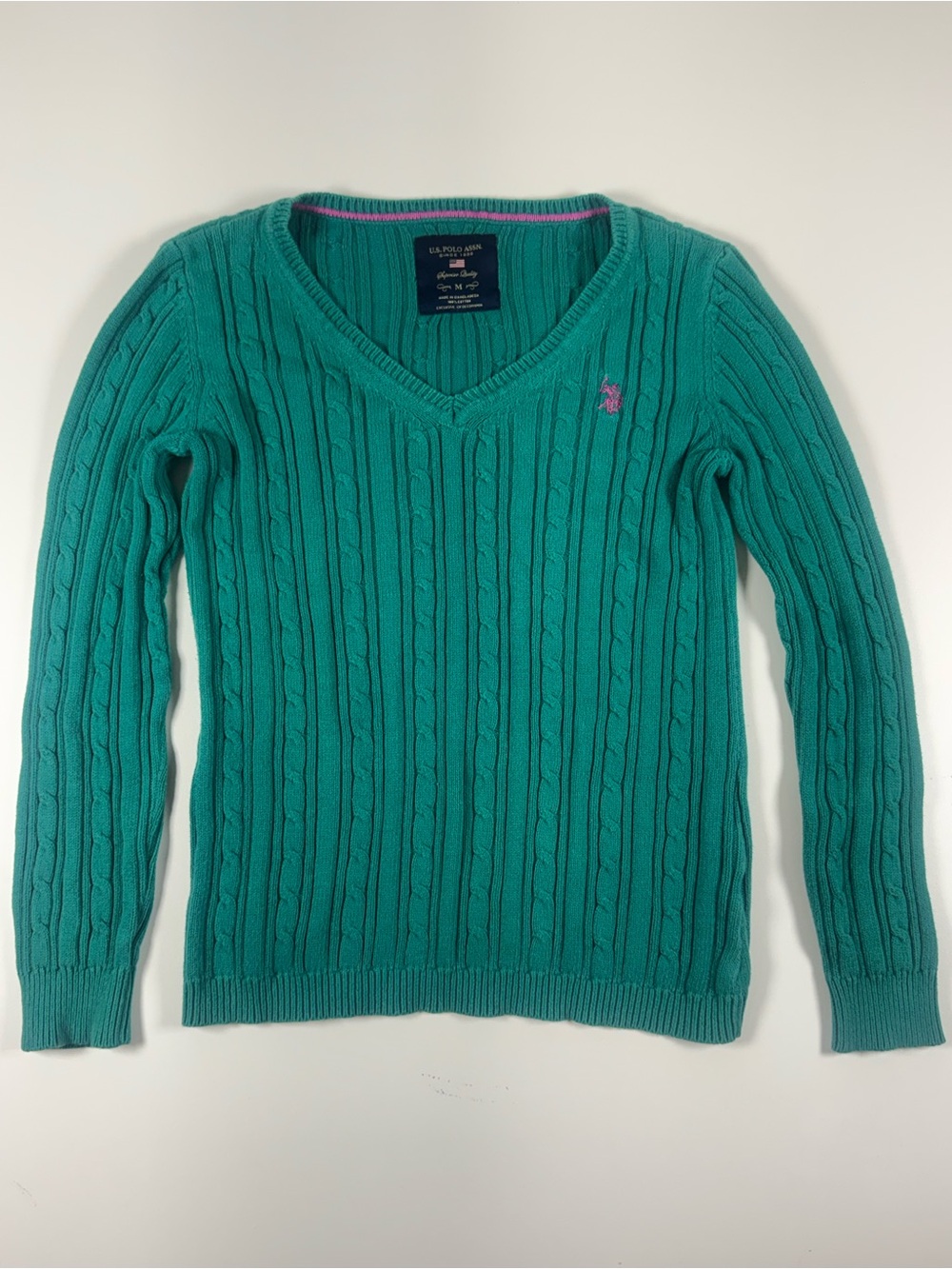 U.S. Polo Assn. Teal Cable-Knit V-Neck Sweater with Pink Pony